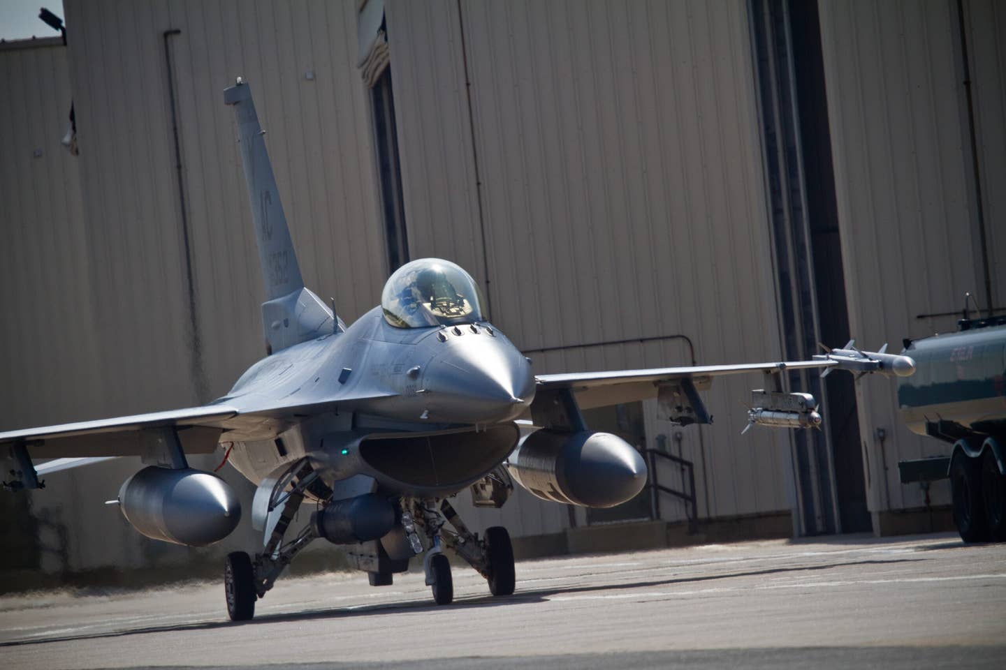 A U.S. Air Force F-16C Fighting Falcon from the New Jersey Air National Guard's 177th Fighter Wing "Jersey Devils" taxis at Atlantic City Air National Guard Base, N.J. on May 17, 2014.<em> Credit: Tech. Sgt. Matt Hecht/U.S. Air Force</em>