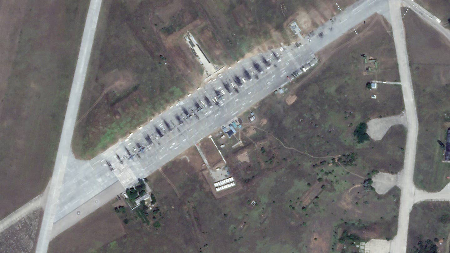 A view of an apron at Russia's Gvardeyskoe Air Base on the occupied Crimean Peninsula from a satellite image taken on August 17, 2022.
