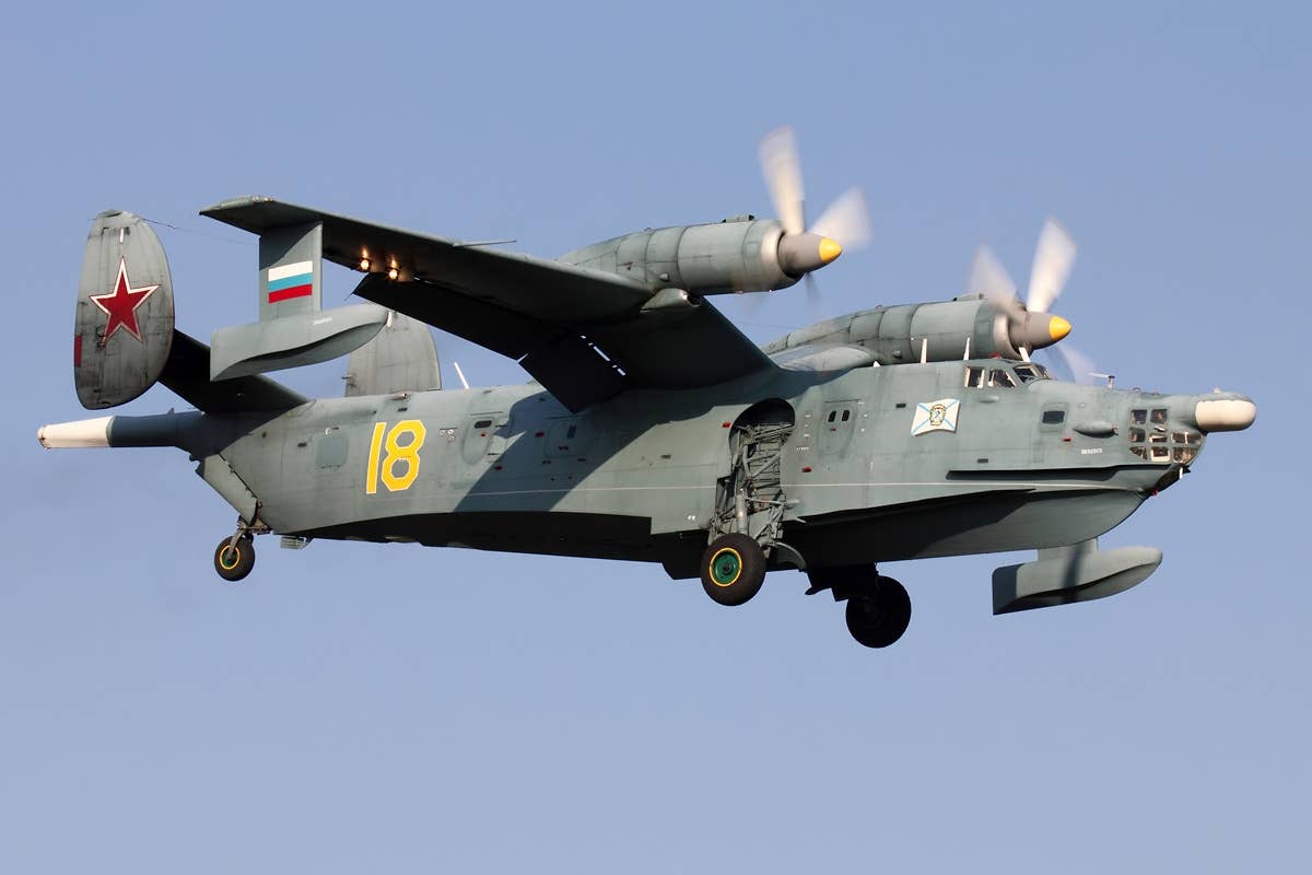 A SAR-configured Be-12 on approach to Kacha Air Base in 2011. <em>Igor Dvurekov/Wikimedia Commons</em>