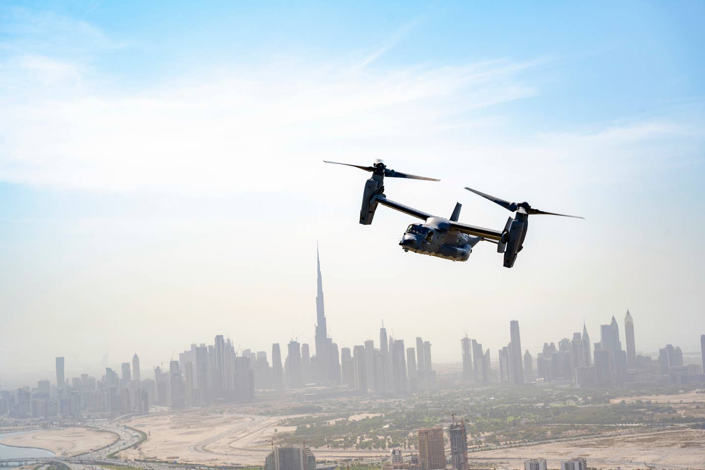 A U.S. Air Force CV-22 Osprey assigned to the 8th Expeditionary Special Operations Squadron, takes part in a photo chase mission around Dubai, United Arab Emirates, Sept 16, 2021. (U.S. Air Force photo by Master Sgt. Wolfram M. Stumpf)