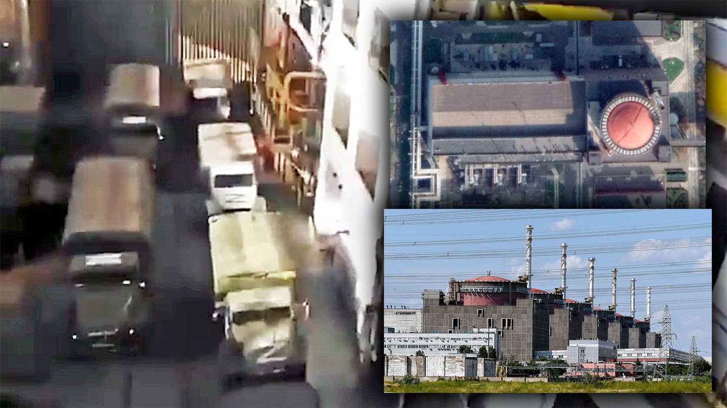 Five Russian military trucks inside what appears to be a turbine hall at Ukraine's Zaporizhzhia Nuclear Power Plant, with insets showing the plant's reactor buildings and a satellite image of one of the reactors and its turbine hall.