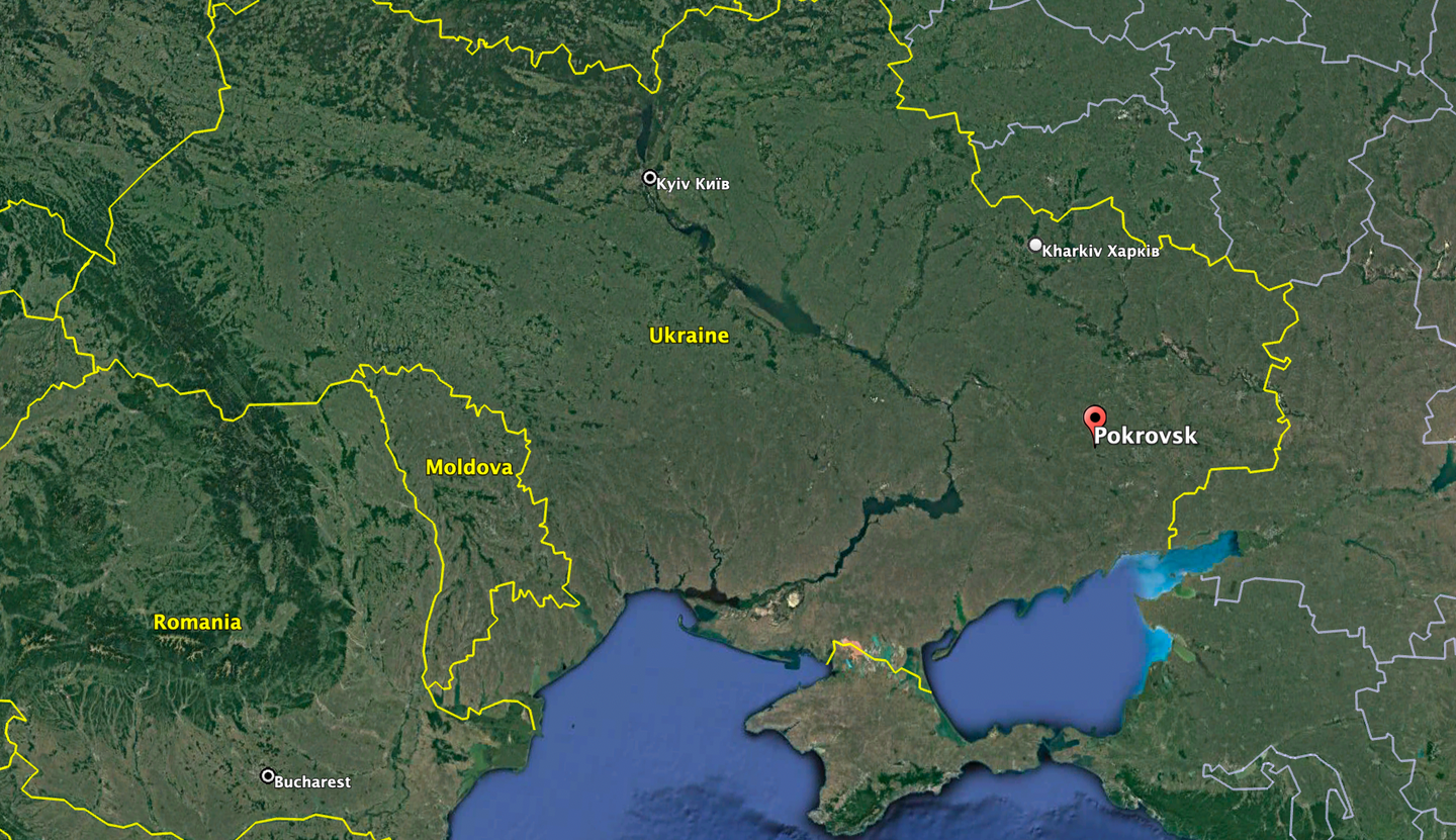 The location of Pokrovsk in eastern Ukraine. <em>Google Earth</em>