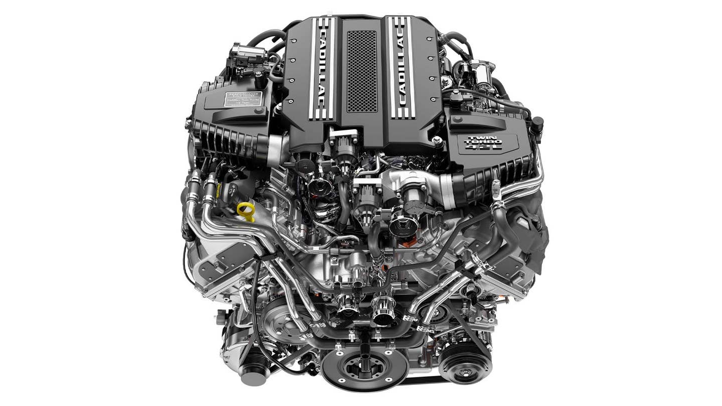 The 4.2-liter V8 Blackwing engine had two small turbochargers in the valley between the cylinder heads. <em>Cadillac</em>