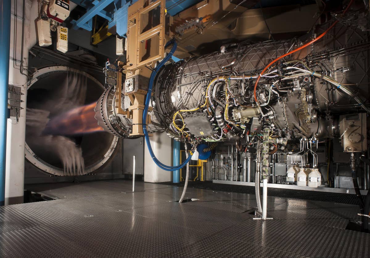 An F135 engine, the type that currently powers all F-35s, running on a test rig. <em>USAF</em>