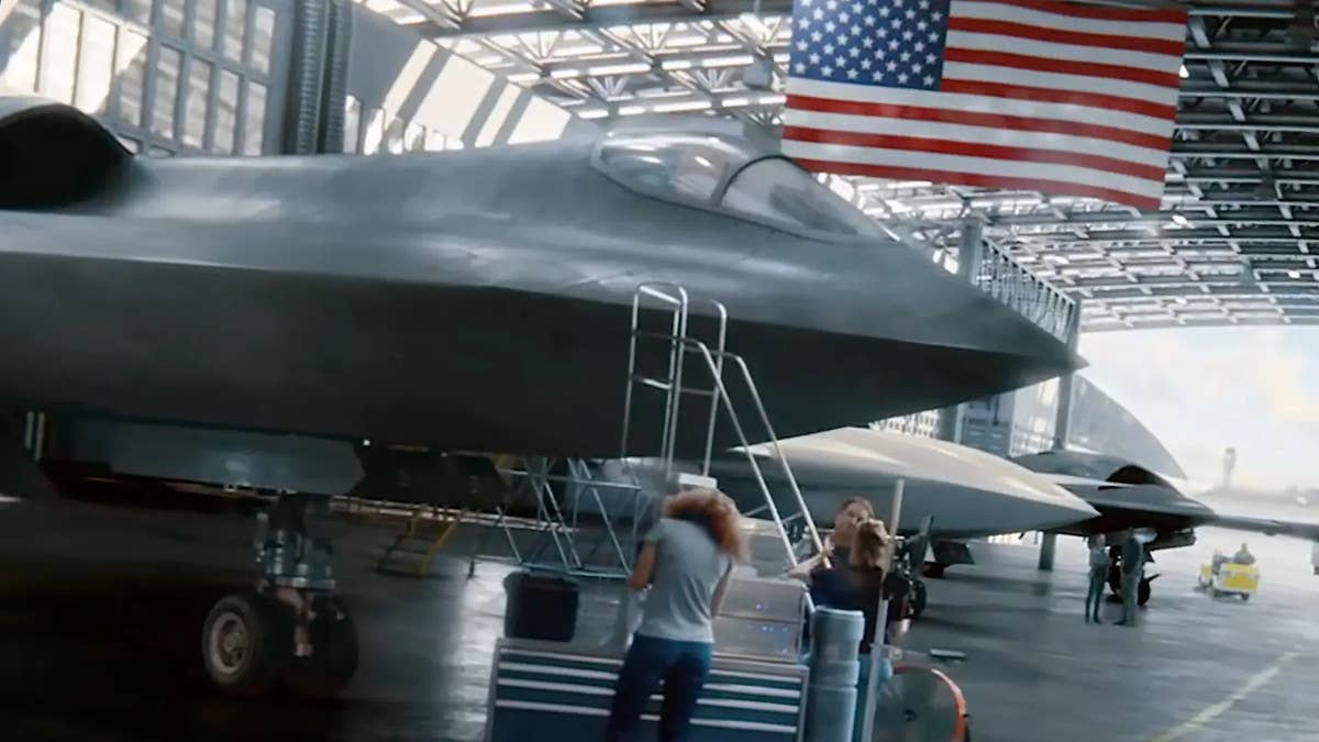 A rendering of an advanced manned combat jet concept, among other things, seen in a screen grab from a Northrop Grumman promotional video. <em>Northrop Grumman capture</em>