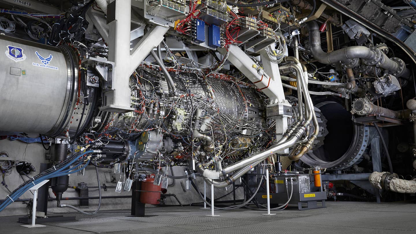 General Electric's XA100 adaptive cycle jet engine during testing in 2020.