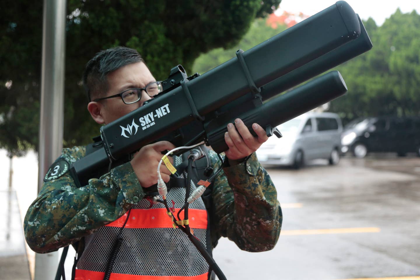 A Sky Net anti-drone jammer of the Republic of China Air Force during an anti-invasion drill Chang-Hua, Taiwan, in May 2019. <em>Photo by Patrick Aventurier/Getty Images</em>