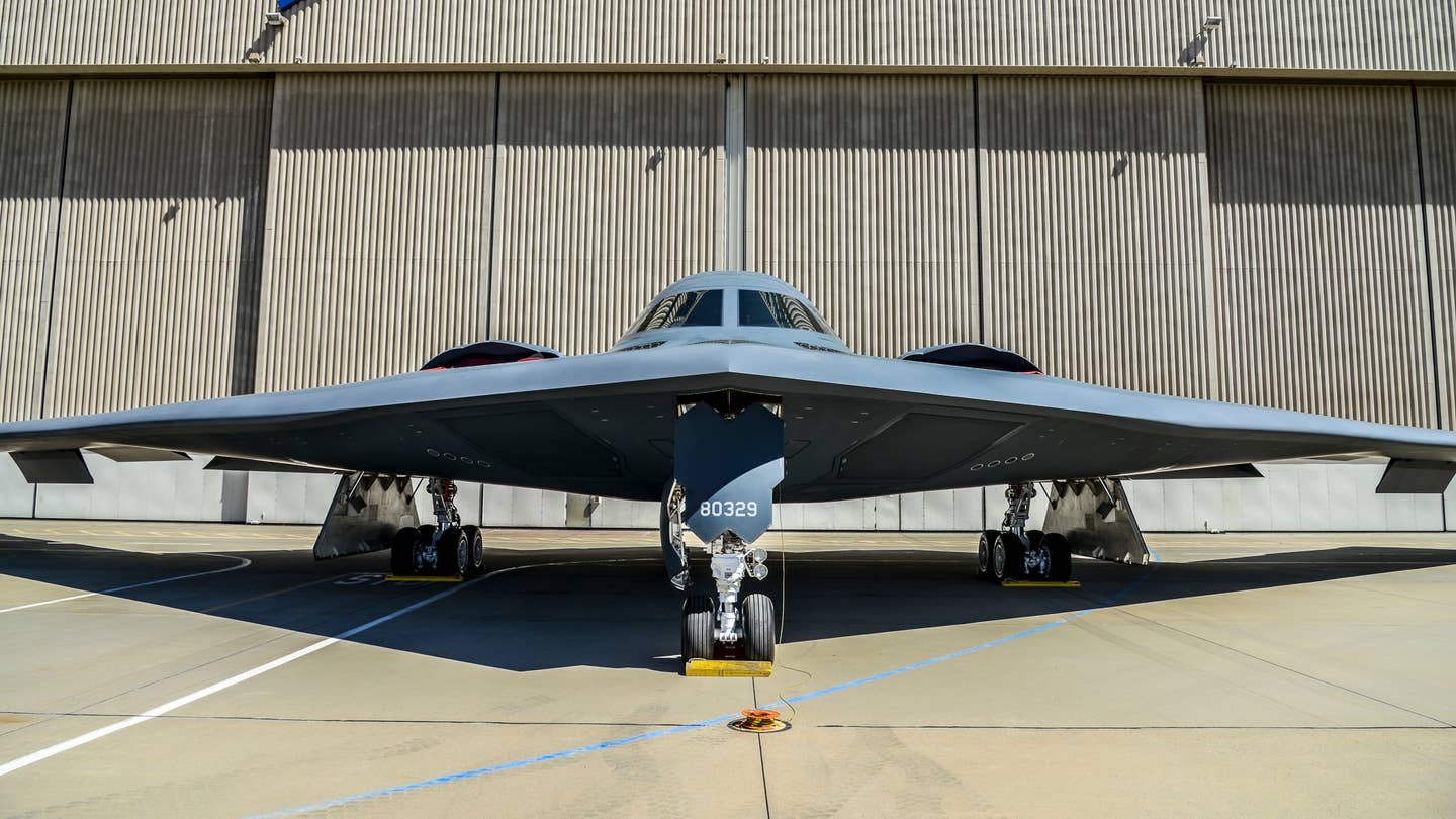 A B-2 is displayed in front of a hangar at Plant 42 in Palmdale, California, in. The stealth bomber was on display in support of the B-2 Spirit's 30th anniversary celebration in 2019. <em>U.S. Air Force photo by Giancarlo Casem</em>