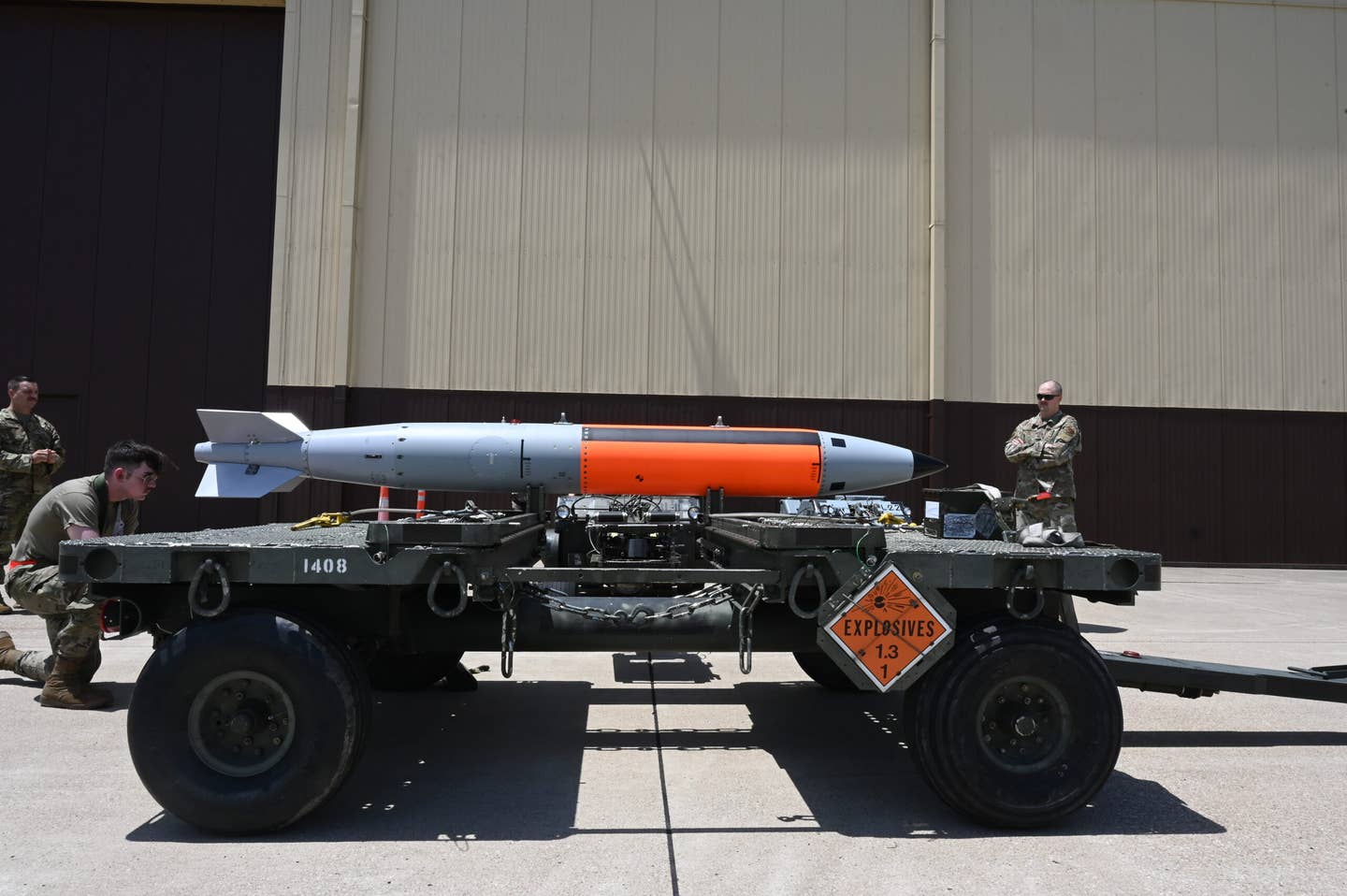 The 72nd Test and Evaluation Squadron test loads a B61-12 Joint Test Assembly, or JTA, for the B-2 on June 13, 2022, at Whiteman Air Force Base, Missouri. <em>U.S. Air Force photo by Airman 1st Class Devan Halstead</em>