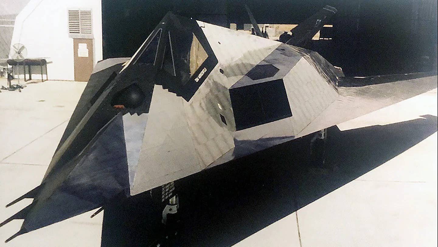 An F-117 seen coated with a mirror-like coating during the mid-1990s as part of the SENIOR SPUD program.