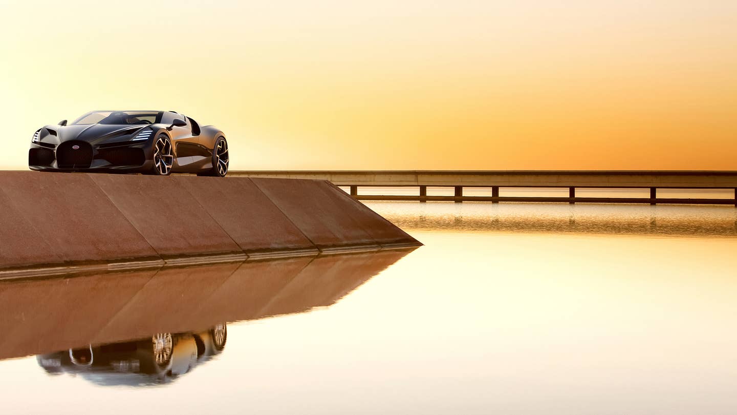Here's a cool picture of the new Mistral. Note the Veyron reflection in the water. <em>Bugatti</em>