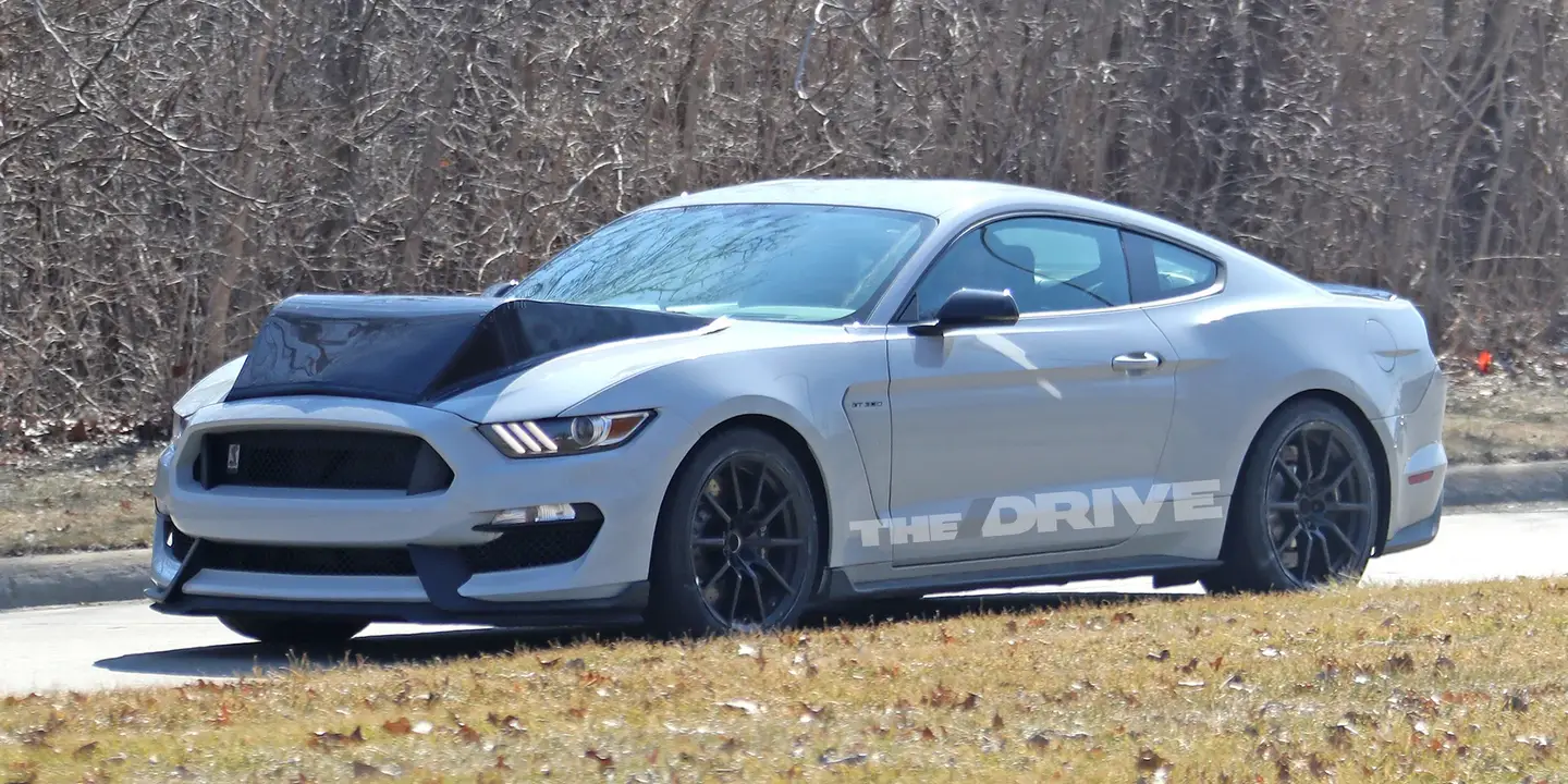 Ford Mustang Shelby GT350 prototype with a hood bulge for a 7.3-liter Godzilla V8