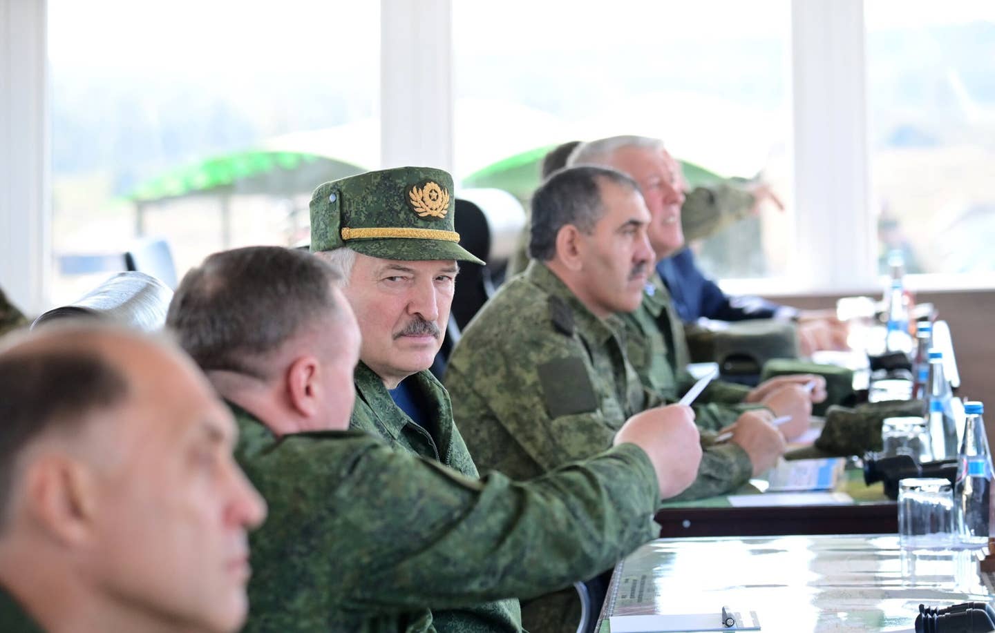 Belarusian President Alexander Lukashenko inspects the joint strategic exercise Zapad-2021 by Russian and Belarusian armed forces at a training ground in Belarus on September 12, 2021. <em>Photo by Xinhua via Getty Images</em>
