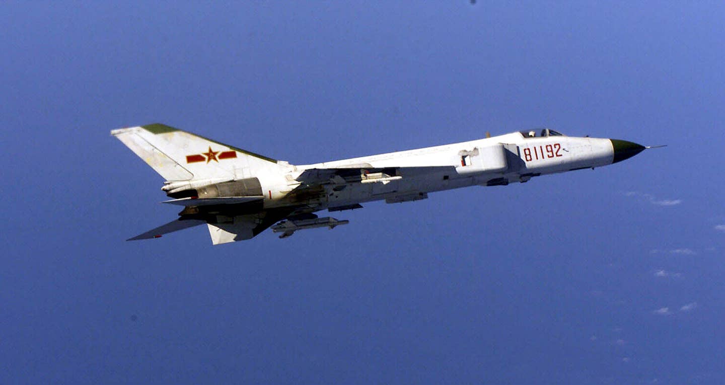 A PLA Navy J-8B photographed from a U.S. Navy surveillance aircraft over the China Sea on January 24, 2001. The fighter carries PL-8 missiles its underwing stations. <em>U.S. Department of Defense</em>