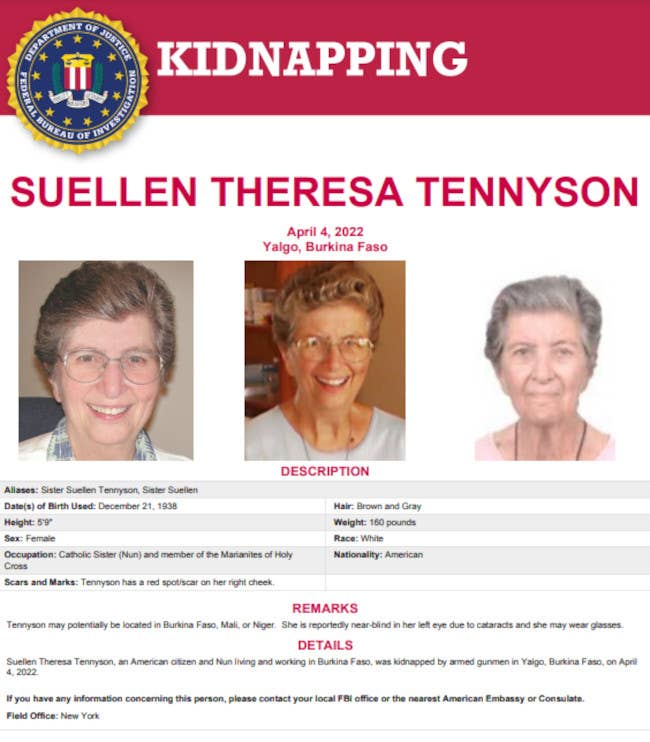 The FBI's official notice regarding the kidnapping of Sister Suellen Tennyson in April.