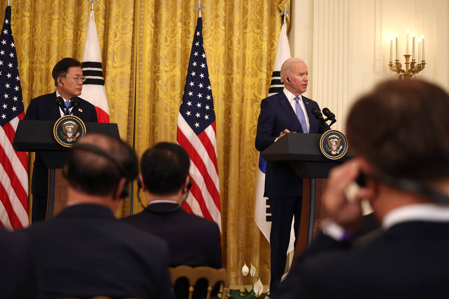 Presidents Joe Biden and Moon Jae-in participate in a joint press conference at the White House on May 21, 2021. Moon Jae-in was the second world leader to be hosted by Biden at the White House. <em>Photo by Anna Moneymaker/Getty Images</em>
