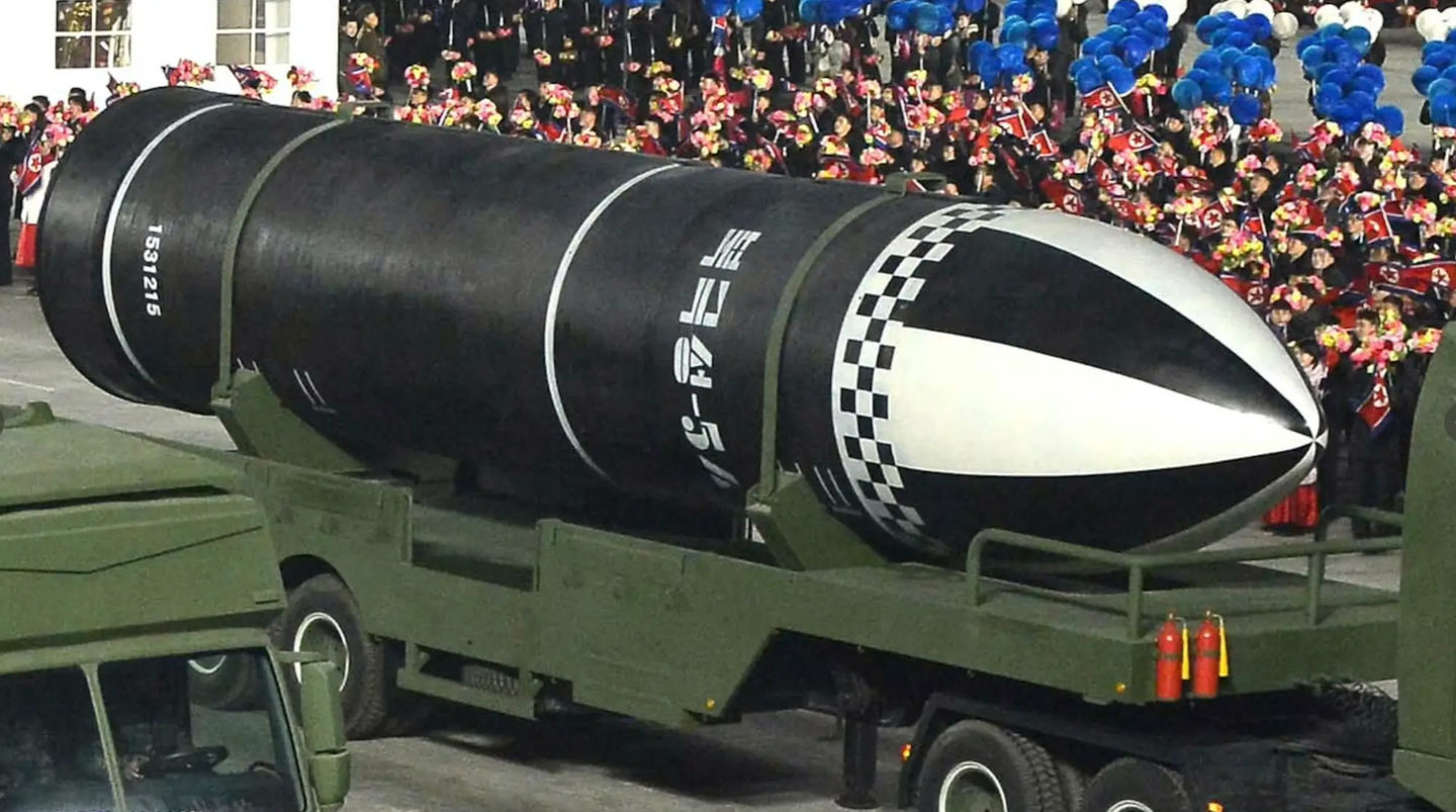 The North Korean Pukguksong-5 SLBM, which was unveiled in a January 2021 parade.&nbsp;<em>Korean Central News Agency</em>