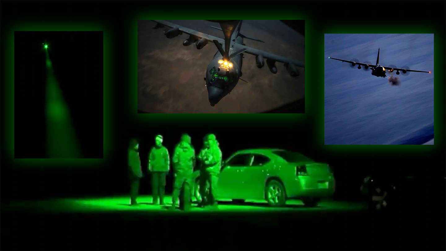 A composite image showing AC-130 gunships and the Big Ass Green Laser in use during a training exercise. 