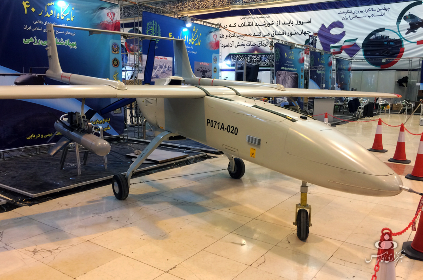 An Iranian-made Mohajer-6 UAV seen during a defense exhibition in Tehran.&nbsp;<em>No author/Wikimedia Commons</em>