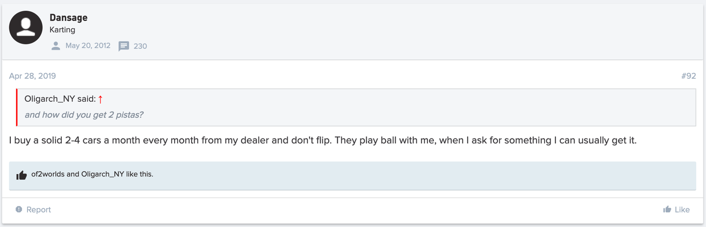 Screenshot of a conversation on FerrariChat regarding how Lesin got such rare cars.