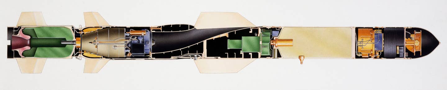 Harpoon anti-ship missile cutaway drawing. (Photo by DeAgostini/Getty Images)