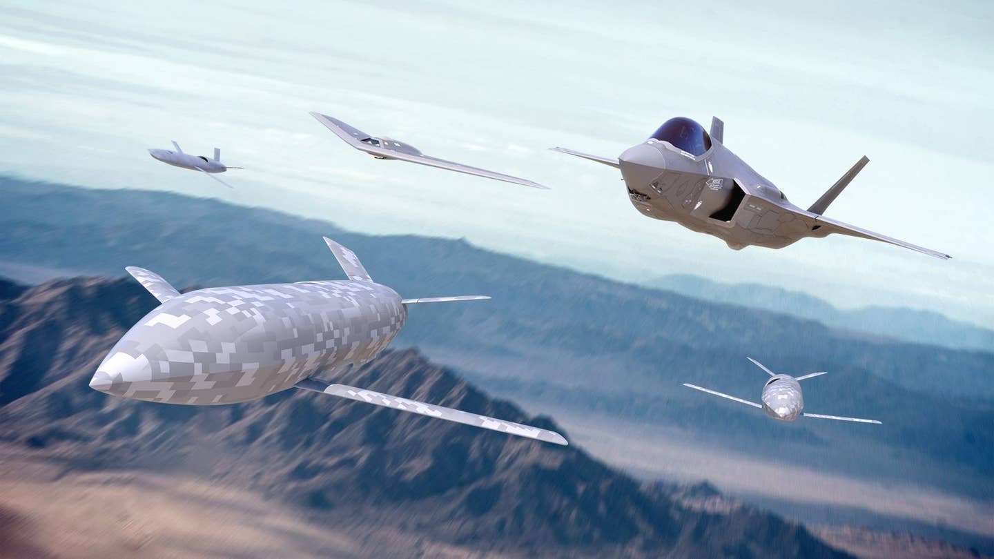 A rendering showing an F-35 Joint Strike Fighter flying with multiple different types of uncrewed aircraft. <em>Lockheed Martin</em>