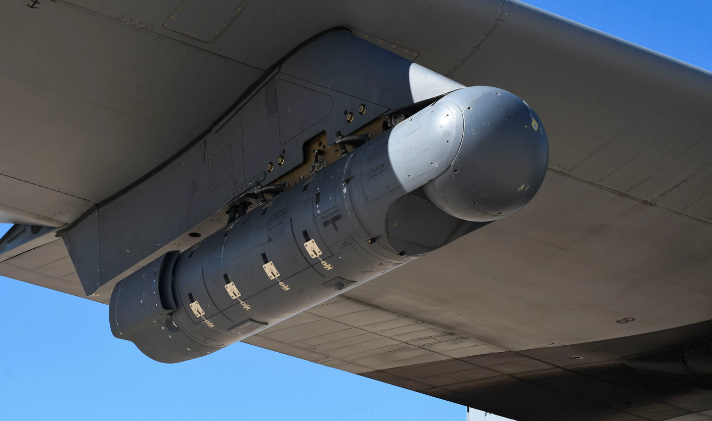 A LITENING targeting pod hangs from a C-130H at Davis-Monthan Air Force Base, Arizona, last April 8. <em>Credit:</em>&nbsp;<em>U.S. Air Force/Senior Airman Blake Gonzales</em>