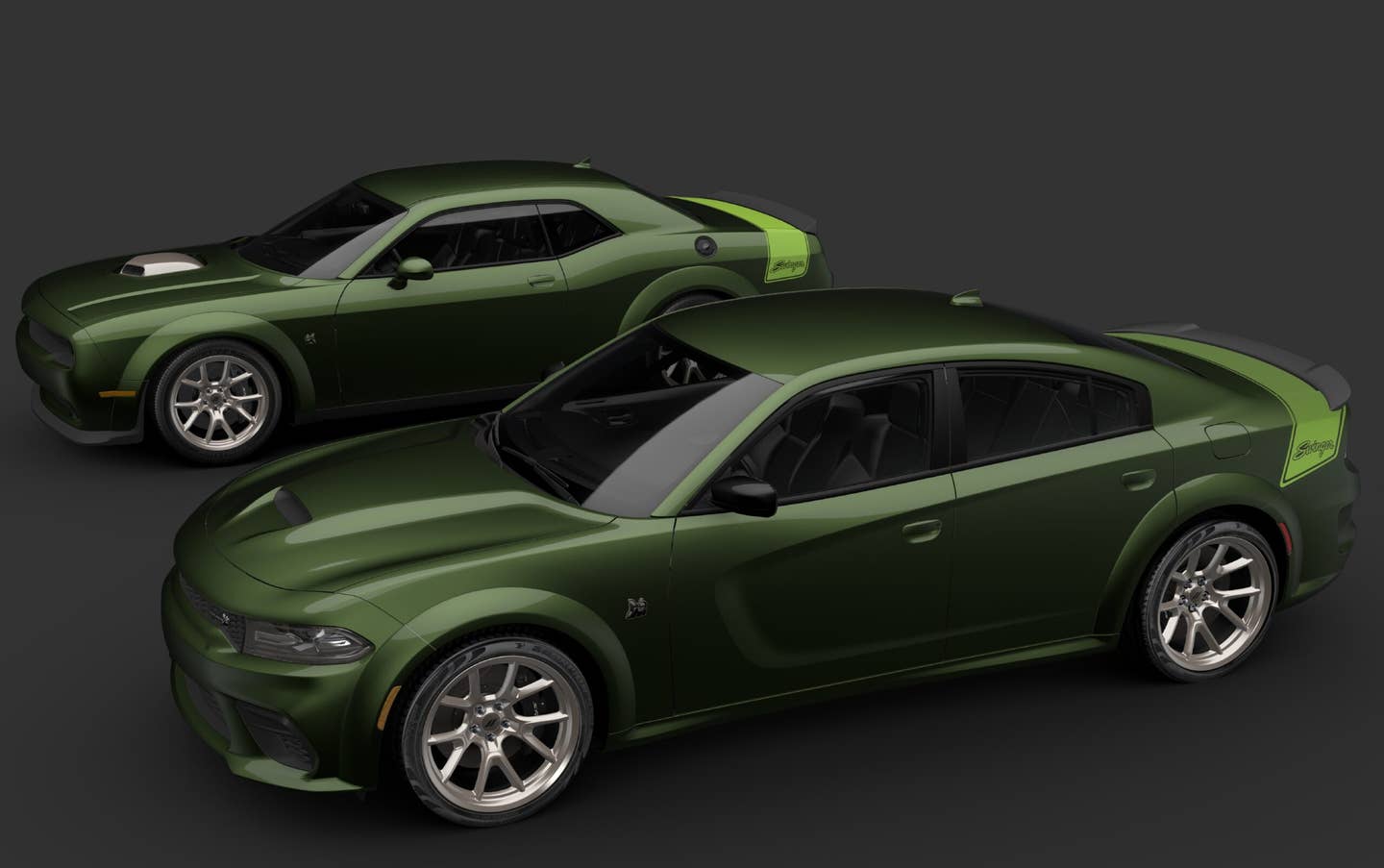 A pair of modern-day “Swingers” with a retro-themed appearance are joining the Dodge brand’s “Last Call.” The special-edition 2023 Dodge Challenger R/T Scat Pack Swinger (rear) and 2023 Dodge Charger R/T Scat Pack Swinger models (both shown in F8 Green) give a nod back to the unique style of the Dodge brand’s “swinging” muscle car lineup of the late 1960s and early 1970s.