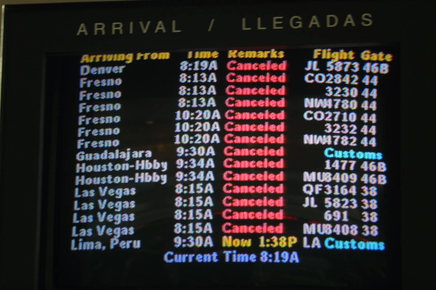 Canceled flights are displayed on monitors at the Los Angeles Airport terminal on September 10, 2001, in Los Angeles, Calif. The airport was closed after two planes bound for Los Angeles hit New York City's World Trade Center. <em>Credit: Photo by Jason Kirk/Getty Images</em>
