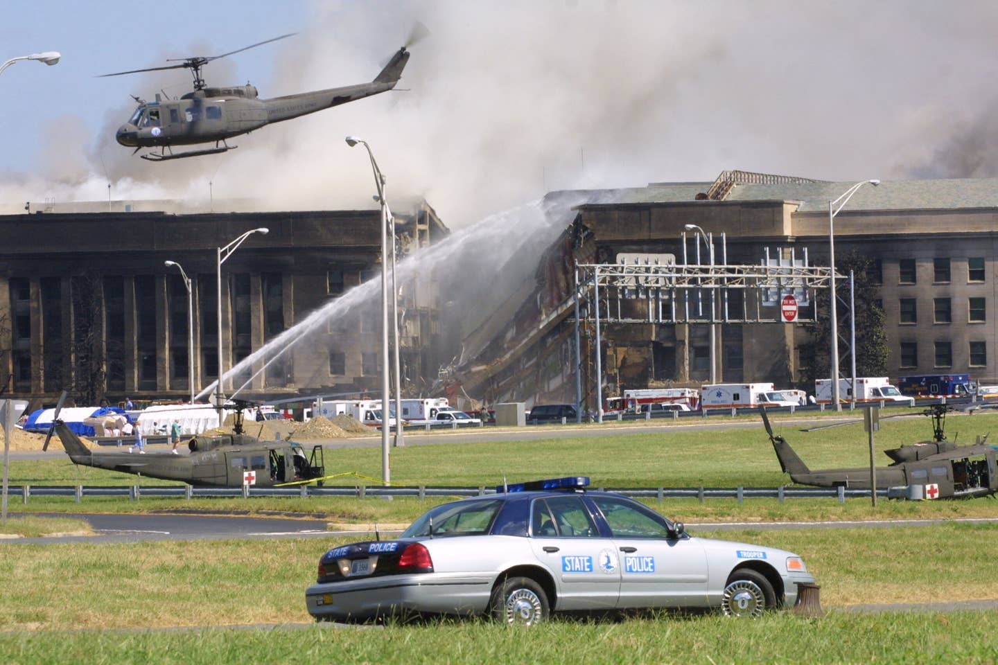 394262 04: Smoke comes out from the Southwest E-ring of the Pentagon building on September 11, 2001, in Arlington, Va., after a plane crashed into the building and set off a huge explosion. <em>Credit: Photo by Alex Wong/Getty Images</em>