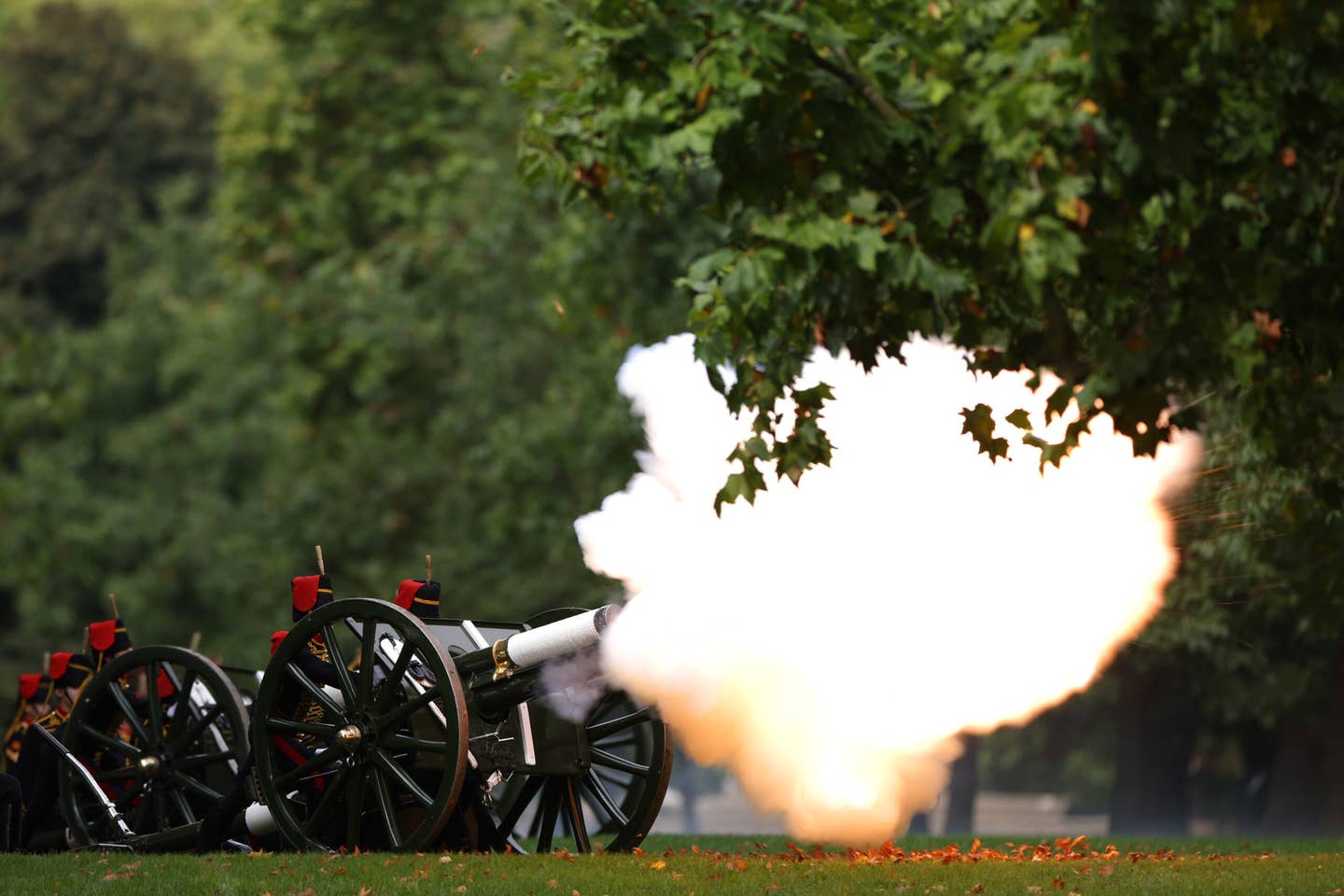 The King's Troop Royal Horse Artillery fired a 96-gun salute at 1 p.m. London time in tribute to the late Queen Elizabeth II at Hyde Park today. (Photo by Dan Kitwood/Getty Images)