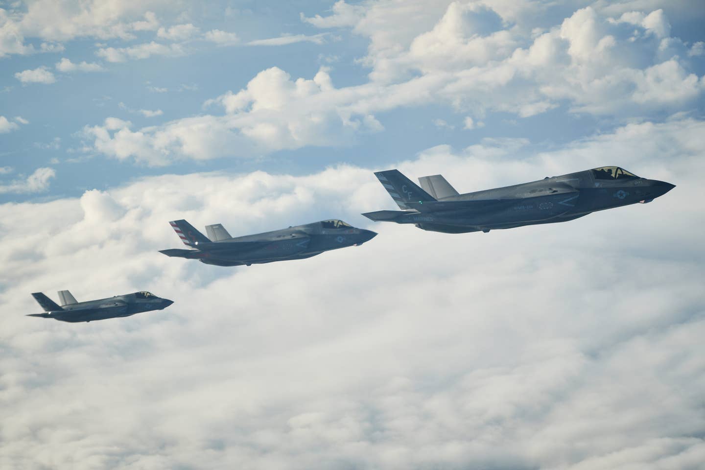 Three F-35B combat aircraft from the United States Marine Corp prepare to refuel from an RAF Voyager aircraft over the North Sea on Oct. 08, 2020 in flight, above Scotland. (Photo by Leon Neal/Getty Images)
