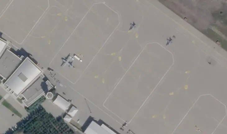 A close up of a portion of Ganja international airport showing two F-16 Viper fighter jets and what looks to be a CN-235 light transport aircraft.,&nbsp;<em>PHOTO © 2020 PLANET LABS INC. ALL RIGHTS RESERVED. REPRINTED BY PERMISSION</em>