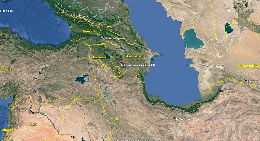 Armenia and Azerbaijan are located in a region that includes Iran and Turkey and is close to Russia. (Google Earth image)
