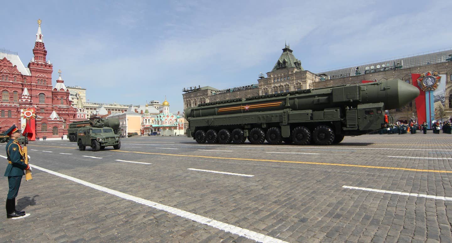Russian RS-24 Yars ICBMs roll through Red Square, Moscow, during Victory Day Parade main rehearsals, May 7, 2022. <em>Photo by Contributor/Getty Images</em>