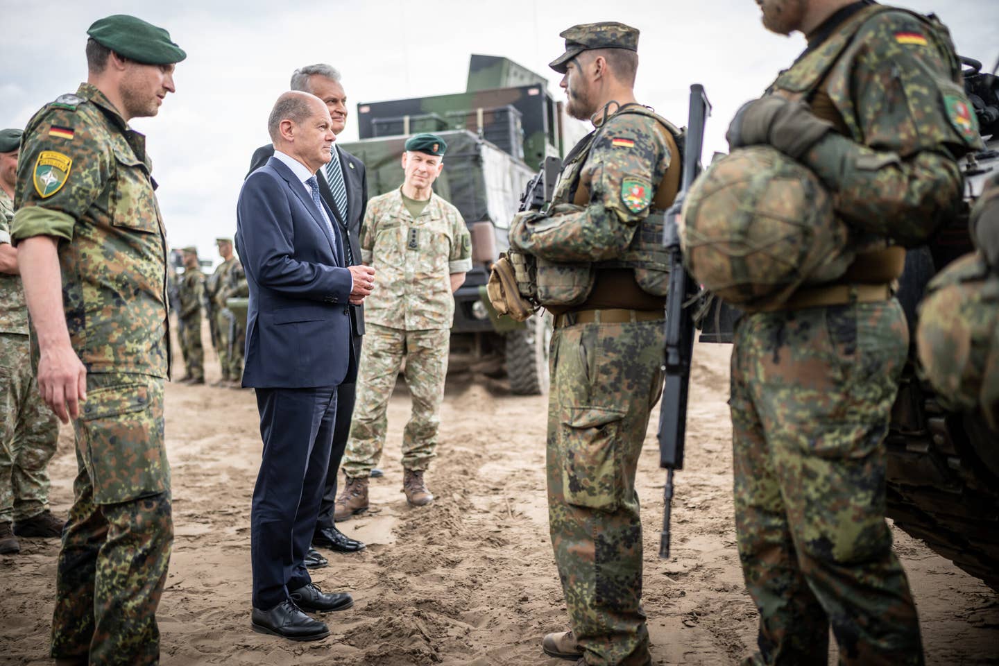 German Chancellor Olaf Scholz visits the NATO Enhanced Forward Presence Battle Group in Lithuania, where more than 1,000 German soldiers are stationed as part of military support to the Baltics to defend against a possible Russian attack. <em>Photo by Michael Kappeler/picture alliance via Getty Images</em>