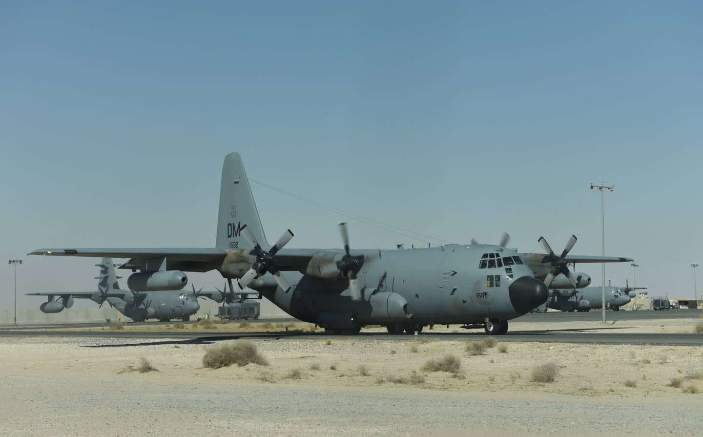 An EC-130H Compass Call travels along the taxiway at an undisclosed location in Southwest Asia, June 27, 2017. <em>Credit: U.S. Air Force photo by Tech. Sgt. Jonathan Hehnly</em>