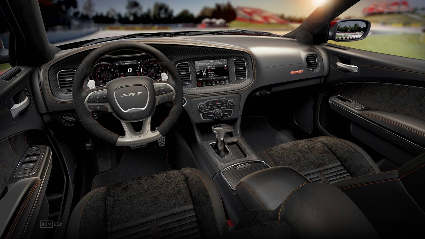 The 2023 Dodge Charger King Daytona includes unique orange interior accent stitching on the steering wheel, instrument panel, console and door trim.