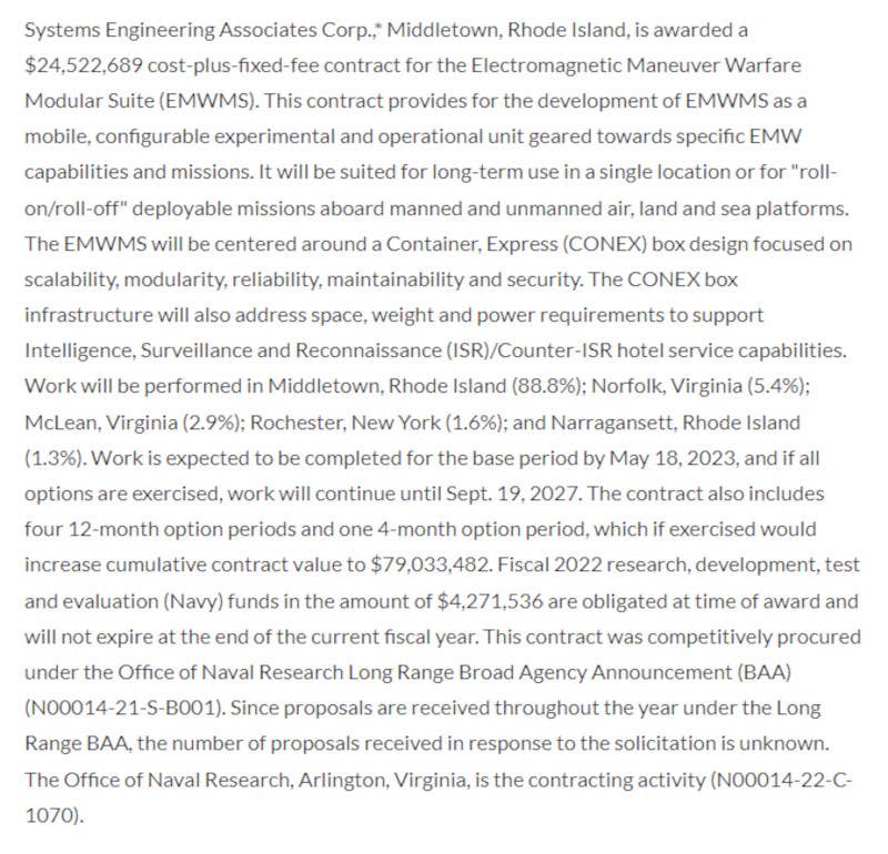 The complete EMWMS contract announcement as it appeared in the Pentagon's daily contracting notice for September 15, 2022. <em>DOD</em>