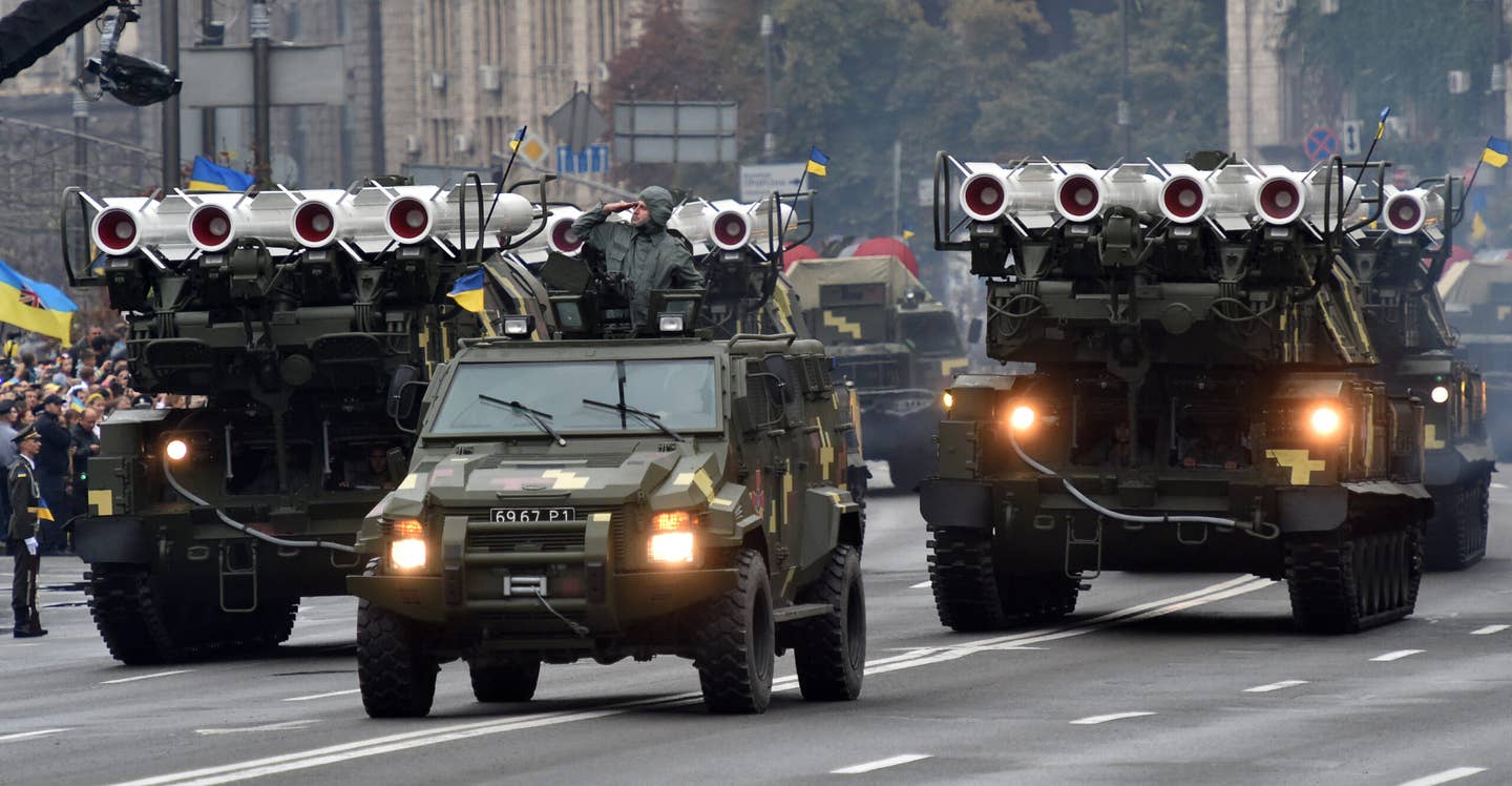 BUK air defense missile systems seem during a military parade in Kiev in 2016. <em>GENYA SAVILOV/AFP via Getty Images</em>