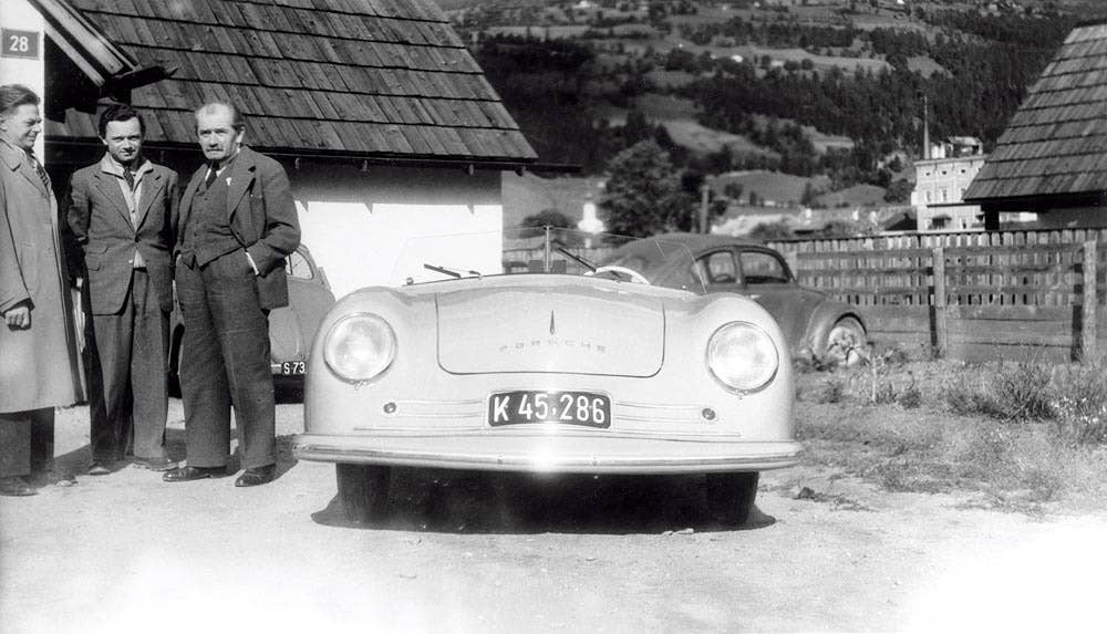 Erwin Komenda, Ferry Porsche and Ferdinand Porsche with 356 No. 1, the first Porsche car. 