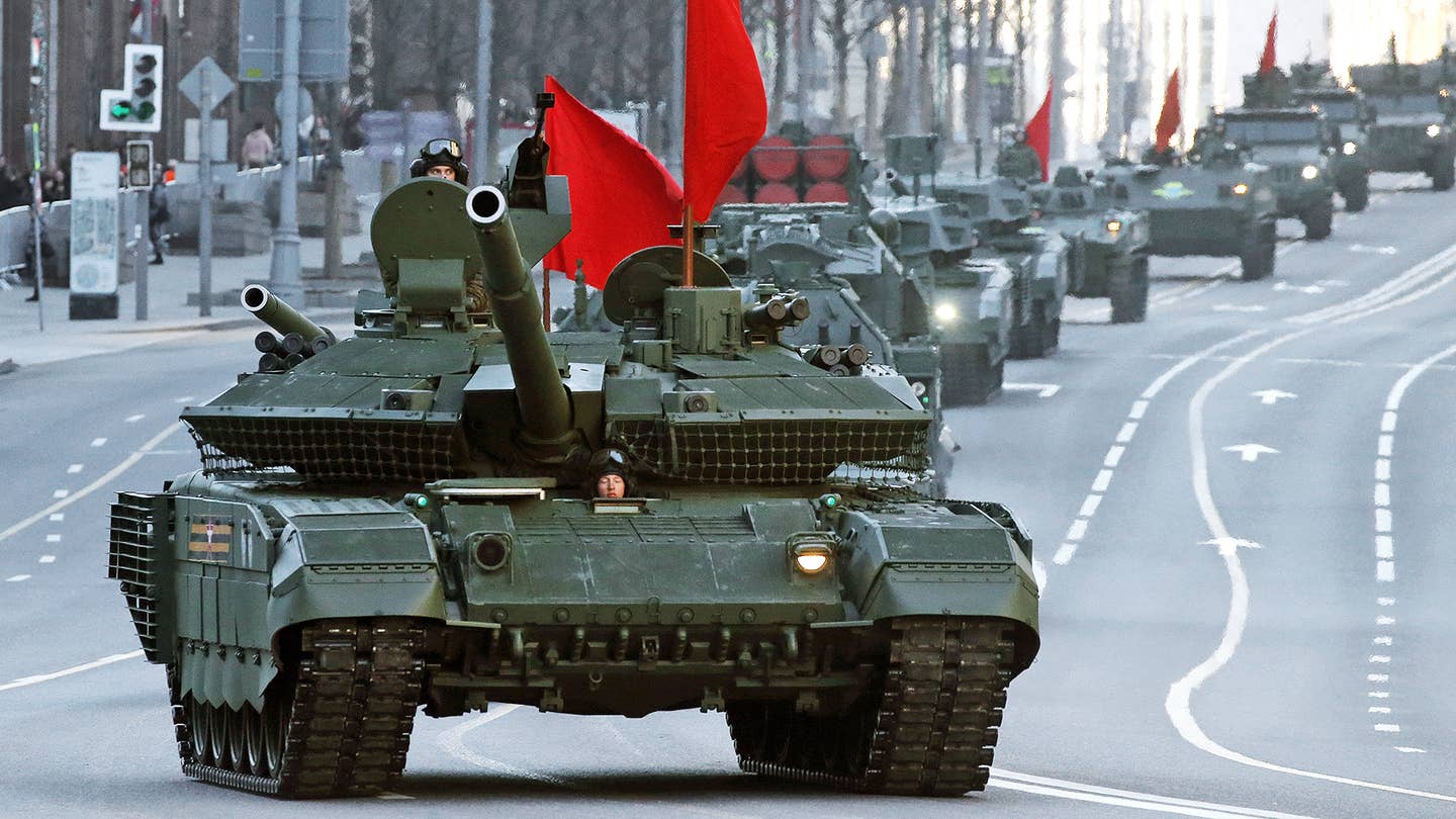 Russian tanks and military vehicles drive down Tverskaya street during the Red Square Victory Day Parade rehearsals on May 4, 2022 in Moscow, Russia.