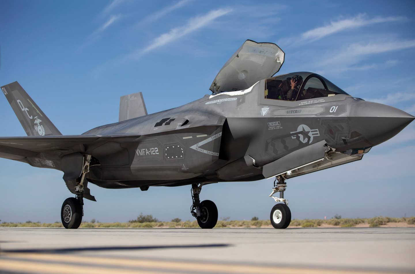 An F-35B from Marine Fighter Attack Squadron (VMFA) 122 conducts expeditionary advanced base operations (EABO) on simulated narrow roads at Marine Corps Air Station Yuma, Arizona, April 6, 2021. <em>U.S. Marine Corps photo by Lance Cpl. Lance Cpl. Juan Anaya</em>