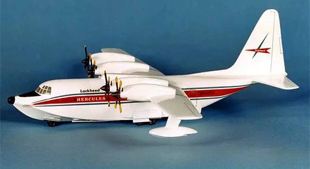 A model of a 1960s-era C-130 seaplane derivative concept with a boat hull-like fuselage. <em>Lockheed</em>