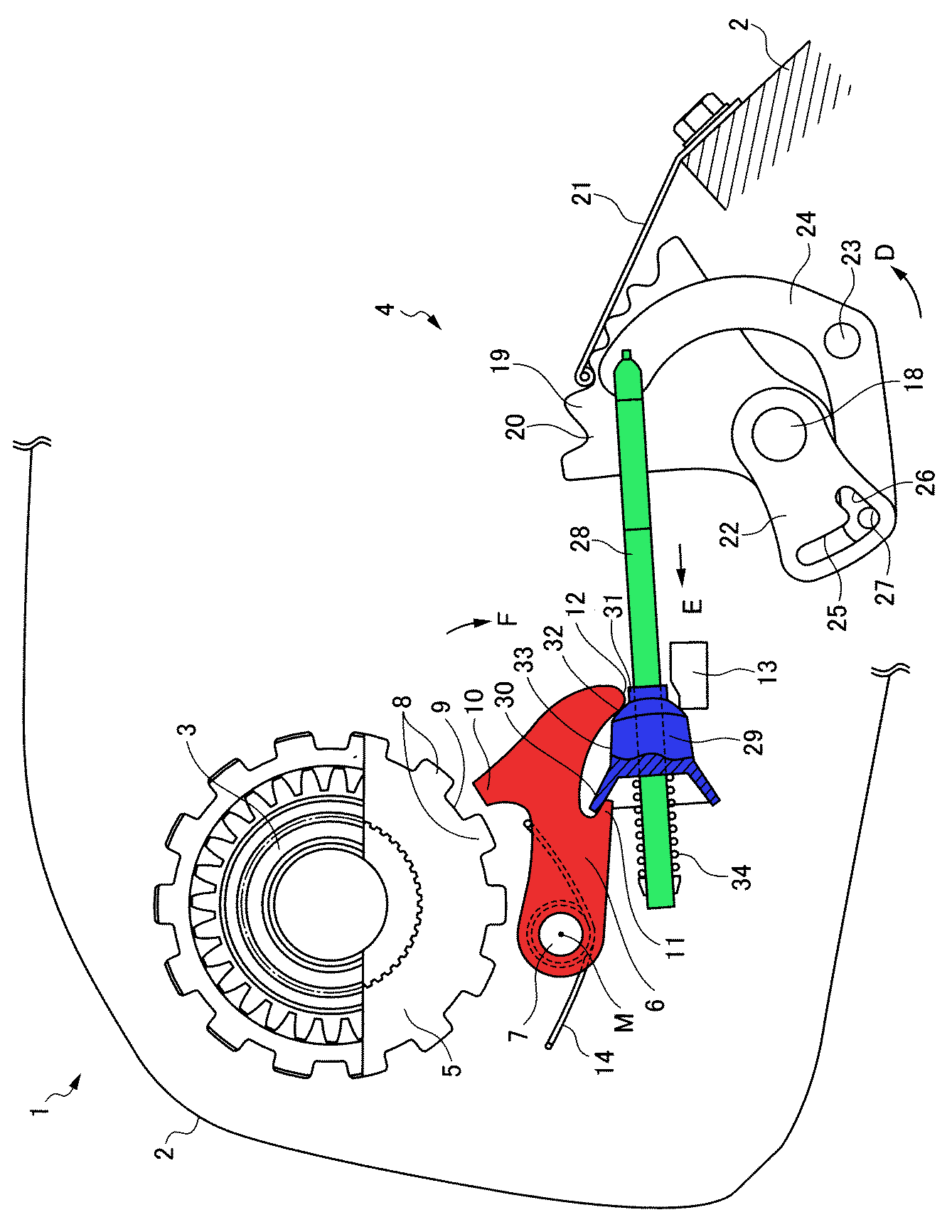 A drawing of a parking pawl mechanism from a Suzuki patent filing. The parking pawl is shown in red and is designed to engage with the cogged "parking gear" to lock the transmission. It's moved by the wedge (blue) and parking rod (green). Resistance between the wedge and rod in the Jatco nine-speed can inhibit the free movement of the wedge and the pawl, preventing the pawl from engaging properly. <em>USPTO</em>