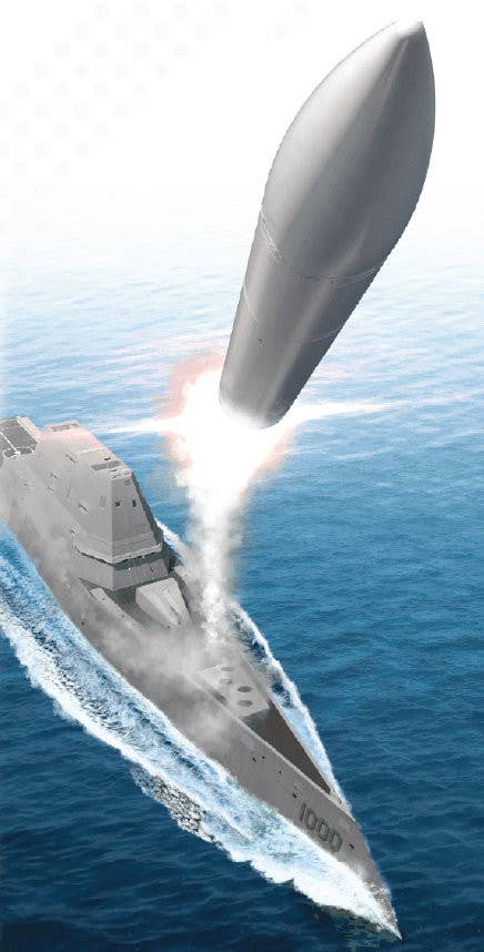 An artist's rendering released in 2022 shows the USS <em>Zumwalt</em> with its forward 155m Advanced Gun System replaced by four large vertical launch cells for the new Conventional Prompt Strike (CPS) hypersonic missile. <em>Lockheed Martin</em>