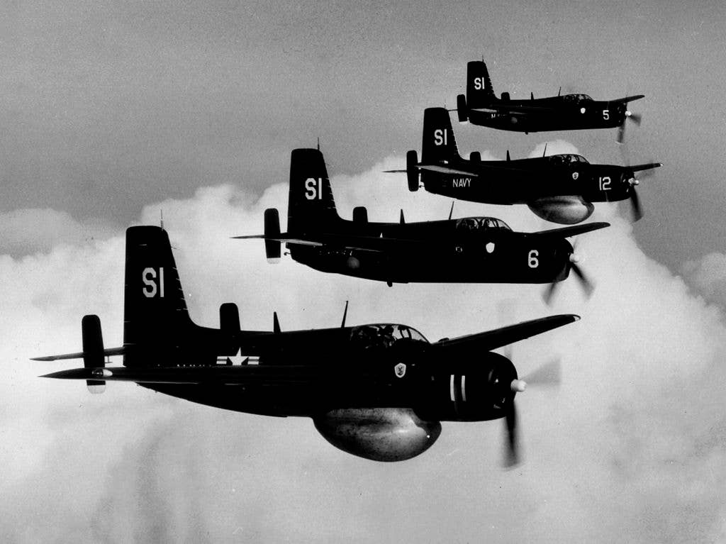 Grumman AF-2S and AF-2W (with radome) Guardians of Air Anti-Submarine Squadron Twenty-Four (VS-24) fly in formation over Norfolk, Virginia, circa January 1951. <em>USN</em>