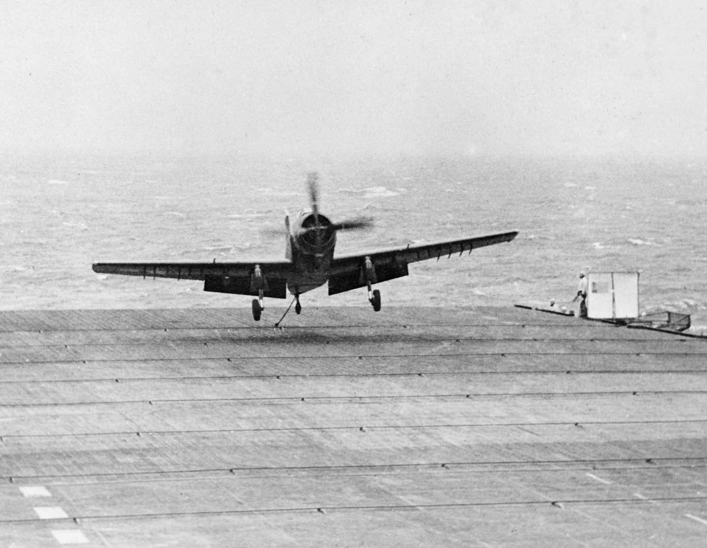 The first trap on the USS <em>Coral Sea</em> (CVB-43) was made by CDR Paul D. Buie flying an AD-1 Skyraider of VA-5B. <em>USN</em>