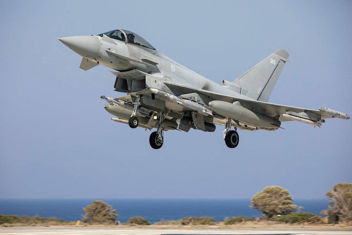 An RAF Typhoon FGR4, deployed on Operation Shader, the U.K. military mission against ISIS, returning to RAF Akrotiri, Cyprus, following a mission over the Middle East. <em>Crown Copyright</em>