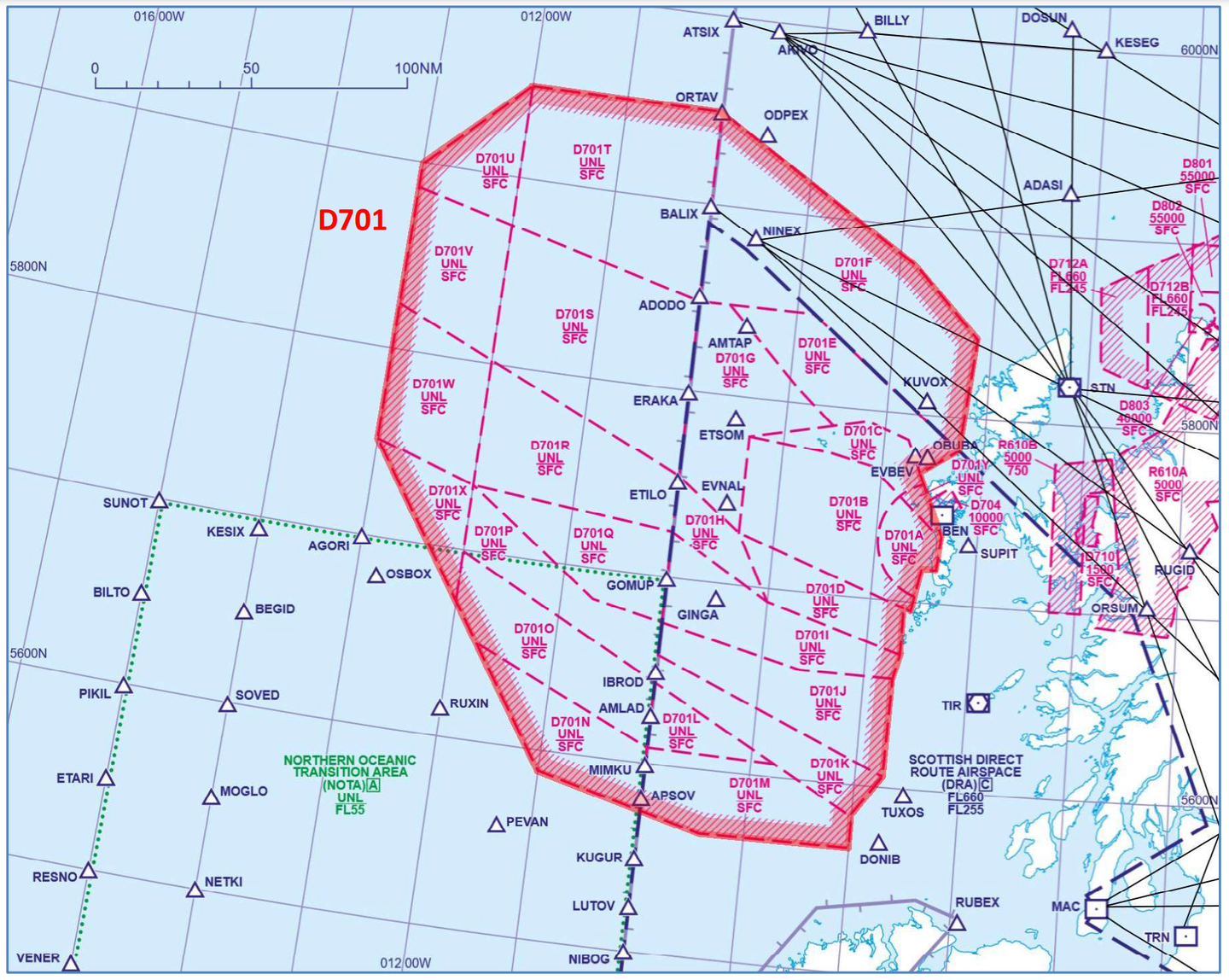 The danger area, outlined in red, set up for Atlantic Thunder 22 in the North Atlantic. <em>ops.group</em>